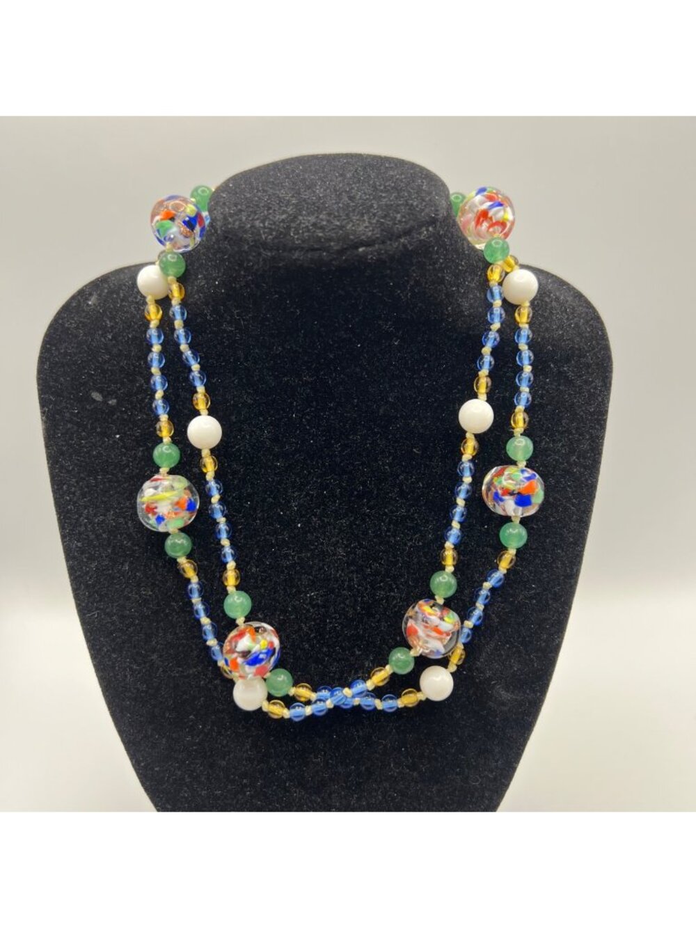 Hand Knotted Art Glass Bead Necklace Confetti Sterling 29" Vintage Statement